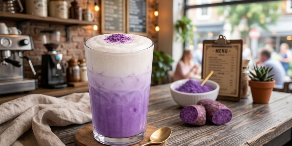 Minuman ube latte berwarna ungu estetik yang sedang tren di kafe modern