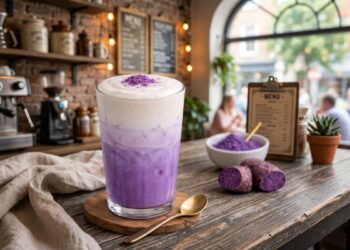 Minuman ube latte berwarna ungu estetik yang sedang tren di kafe modern