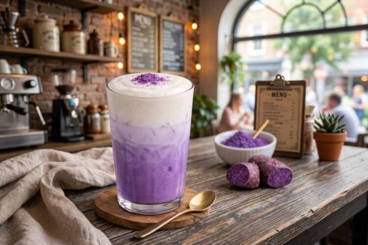 Minuman ube latte berwarna ungu estetik yang sedang tren di kafe modern