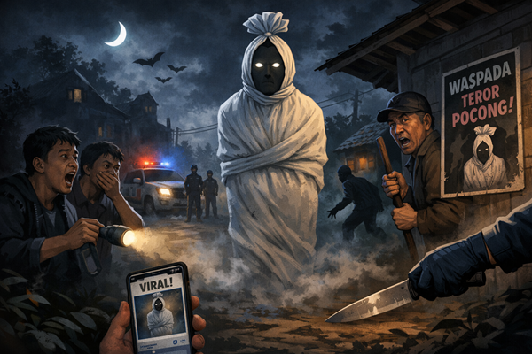 Ilustrasi teror pocong. Foto: bacaini by AI