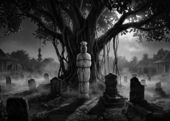 Ilustrasi hantu pocong dalam suasana malam di perkampungan Indonesia