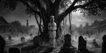 Ilustrasi hantu pocong dalam suasana malam di perkampungan Indonesia