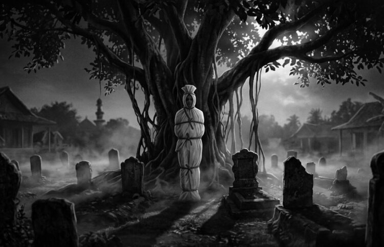 Ilustrasi hantu pocong dalam suasana malam di perkampungan Indonesia