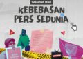 Peringatan Hari Kebebasan Pers Sedunia dengan simbol kebebasan berekspresi dan aktivitas jurnalis