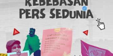 Peringatan Hari Kebebasan Pers Sedunia dengan simbol kebebasan berekspresi dan aktivitas jurnalis