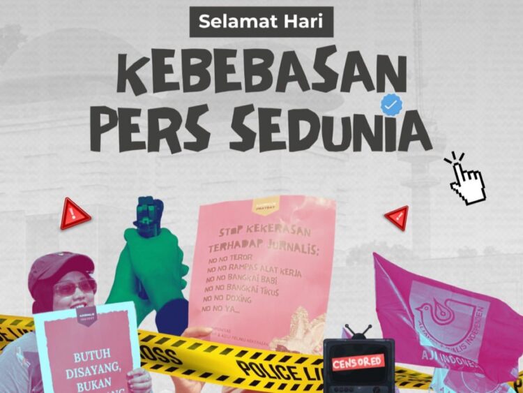 Peringatan Hari Kebebasan Pers Sedunia dengan simbol kebebasan berekspresi dan aktivitas jurnalis