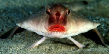 Ikan kelelawar bibir merah Ogcocephalus darwini berjalan di dasar laut perairan Galapagos dengan bibir merah menyala