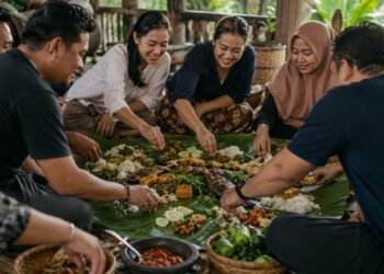 Ilustrasi seseorang makan menggunakan tangan langsung dengan makanan tradisional Indonesia
