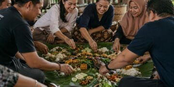Ilustrasi seseorang makan menggunakan tangan langsung dengan makanan tradisional Indonesia