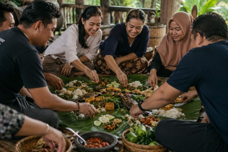Ilustrasi seseorang makan menggunakan tangan langsung dengan makanan tradisional Indonesia