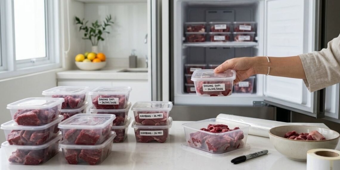 Ilustrasi cara menyimpan daging kurban di freezer menggunakan plastik zip lock agar tetap awet dan higienis