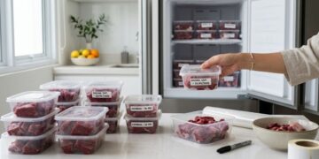 Ilustrasi cara menyimpan daging kurban di freezer menggunakan plastik zip lock agar tetap awet dan higienis