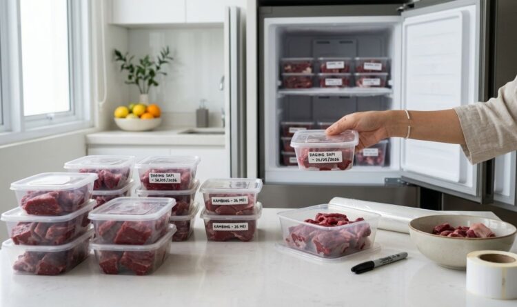 Ilustrasi cara menyimpan daging kurban di freezer menggunakan plastik zip lock agar tetap awet dan higienis