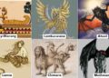 Ilustrasi perbandingan makhluk mitologi Indonesia Nyi Blorong, Lembuswana, dan Ahool dengan legenda dunia