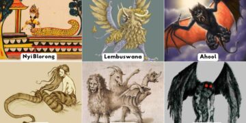 Ilustrasi perbandingan makhluk mitologi Indonesia Nyi Blorong, Lembuswana, dan Ahool dengan legenda dunia