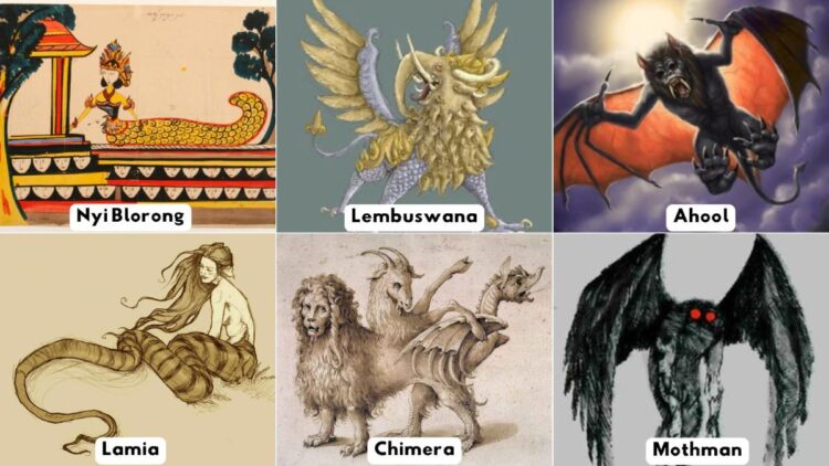 Ilustrasi perbandingan makhluk mitologi Indonesia Nyi Blorong, Lembuswana, dan Ahool dengan legenda dunia