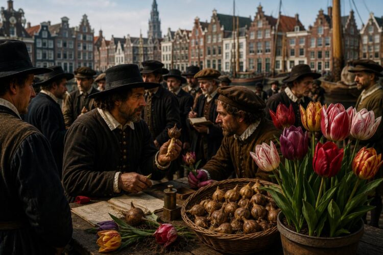 Ilustrasi bunga tulip langka pada masa Tulipomania di Belanda yang menjadi simbol gelembung spekulatif dan fenomena FOMO investasi