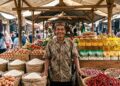 Pedagang bahan pokok di pasar tradisional Jawa Timur dengan harga pangan stabil pada Juni 2026