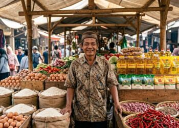 Pedagang bahan pokok di pasar tradisional Jawa Timur dengan harga pangan stabil pada Juni 2026