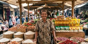 Pedagang bahan pokok di pasar tradisional Jawa Timur dengan harga pangan stabil pada Juni 2026