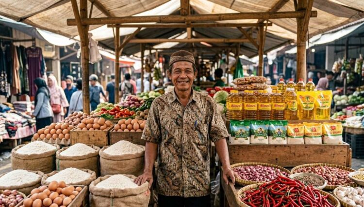 Pedagang bahan pokok di pasar tradisional Jawa Timur dengan harga pangan stabil pada Juni 2026