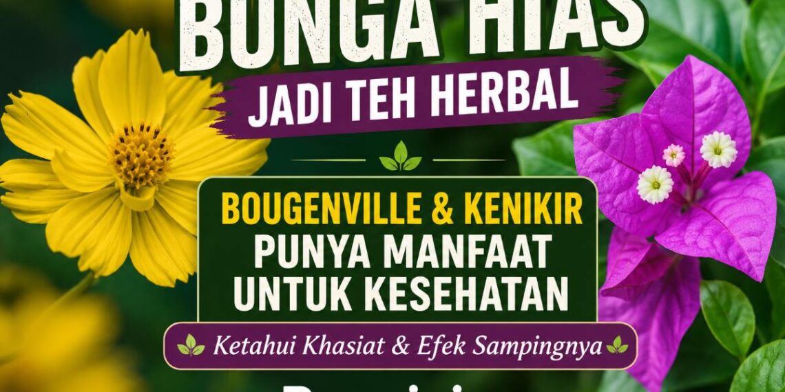 bunga bougenville berwarna ungu dan bunga kenikir hias kuning yang diseduh menjadi teh herbal