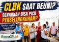 Ilustrasi pria dan wanita bertemu kembali dalam acara reuni sekolah dengan nuansa nostalgia yang menggambarkan fenomena cinta lama bersemi kembali (CLBK)