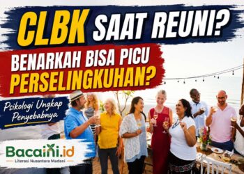 Ilustrasi pria dan wanita bertemu kembali dalam acara reuni sekolah dengan nuansa nostalgia yang menggambarkan fenomena cinta lama bersemi kembali (CLBK)