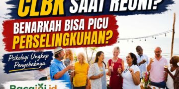 Ilustrasi pria dan wanita bertemu kembali dalam acara reuni sekolah dengan nuansa nostalgia yang menggambarkan fenomena cinta lama bersemi kembali (CLBK)