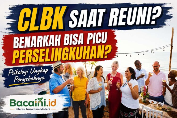 Ilustrasi pria dan wanita bertemu kembali dalam acara reuni sekolah dengan nuansa nostalgia yang menggambarkan fenomena cinta lama bersemi kembali (CLBK)