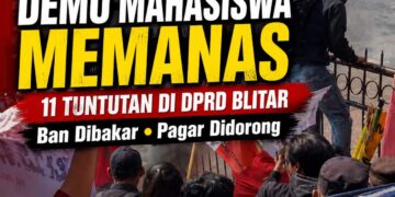 Mahasiswa Cipayung Plus Blitar Raya menggelar aksi demonstrasi di depan DPRD Kabupaten Blitar dengan membakar ban bekas dan menyampaikan 11 tuntutan kepada pemerintah, Kamis 25 Juni 2026