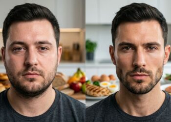 Ilustrasi perbedaan tampilan wajah carb face dan protein face akibat pola konsumsi karbohidrat dan protein