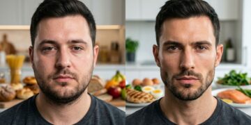 Ilustrasi perbedaan tampilan wajah carb face dan protein face akibat pola konsumsi karbohidrat dan protein