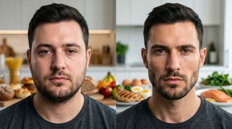Ilustrasi perbedaan tampilan wajah carb face dan protein face akibat pola konsumsi karbohidrat dan protein