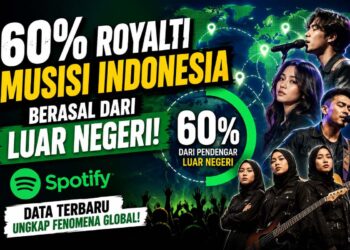 layanan streaming Spotify dengan siluet musisi Indonesia dan peta dunia yang menggambarkan mayoritas royalti berasal dari pendengar luar negeri