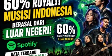 layanan streaming Spotify dengan siluet musisi Indonesia dan peta dunia yang menggambarkan mayoritas royalti berasal dari pendengar luar negeri