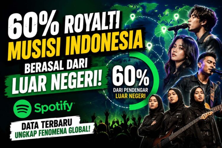 layanan streaming Spotify dengan siluet musisi Indonesia dan peta dunia yang menggambarkan mayoritas royalti berasal dari pendengar luar negeri