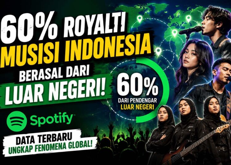 layanan streaming Spotify dengan siluet musisi Indonesia dan peta dunia yang menggambarkan mayoritas royalti berasal dari pendengar luar negeri