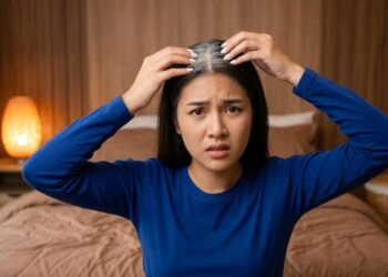 Ilustrasi pria muda dengan rambut beruban prematur akibat stres dan kekurangan nutrisi yang memengaruhi produksi melanin rambut