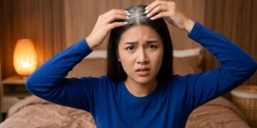Ilustrasi pria muda dengan rambut beruban prematur akibat stres dan kekurangan nutrisi yang memengaruhi produksi melanin rambut