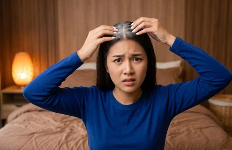 Ilustrasi pria muda dengan rambut beruban prematur akibat stres dan kekurangan nutrisi yang memengaruhi produksi melanin rambut