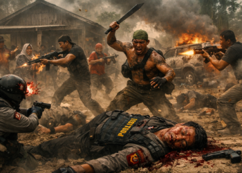 Ilustrasi penyerangan polisi oleh bandar narkoba. Foto: bacaini by AI