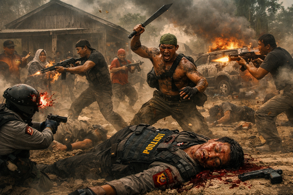 Ilustrasi penyerangan polisi oleh bandar narkoba. Foto: bacaini by AI