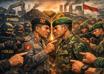Ilustrasi ketegangan personil Polri dan TNI paska penyelidikan korupsi batu bara. Foto: bacaini by AI