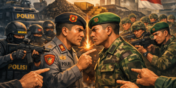 Ilustrasi ketegangan personil Polri dan TNI paska penyelidikan korupsi batu bara. Foto: bacaini by AI