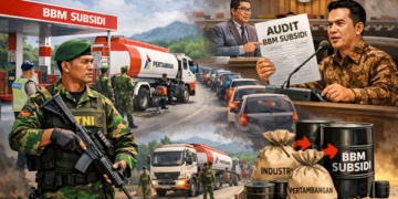 Ilustrasi pengawalan distribusi BBM subsidi oleh TNI. Foto: bacaini by AI