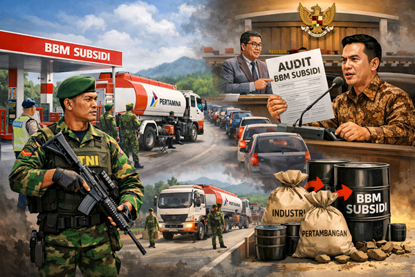 Ilustrasi pengawalan distribusi BBM subsidi oleh TNI. Foto: bacaini by AI