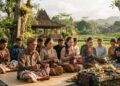 Ilustrasi Hari Kepercayaan Terhadap Tuhan Yang Maha Esa dengan siluet masyarakat adat Indonesia, peta Nusantara, dan simbol dokumen KTP sebagai representasi pengakuan negara terhadap penghayat kepercayaan