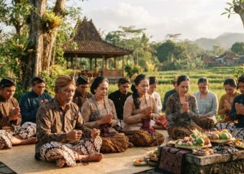Ilustrasi Hari Kepercayaan Terhadap Tuhan Yang Maha Esa dengan siluet masyarakat adat Indonesia, peta Nusantara, dan simbol dokumen KTP sebagai representasi pengakuan negara terhadap penghayat kepercayaan