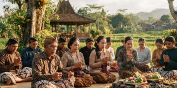 Ilustrasi Hari Kepercayaan Terhadap Tuhan Yang Maha Esa dengan siluet masyarakat adat Indonesia, peta Nusantara, dan simbol dokumen KTP sebagai representasi pengakuan negara terhadap penghayat kepercayaan
